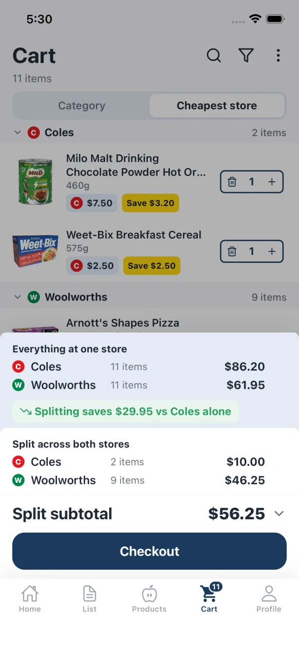 StockUp Cart on the Cheapest store tab, showing the whole shop at $86.20 at Coles or $61.95 at Woolworths, and a cheaper $56.25 split across both stores