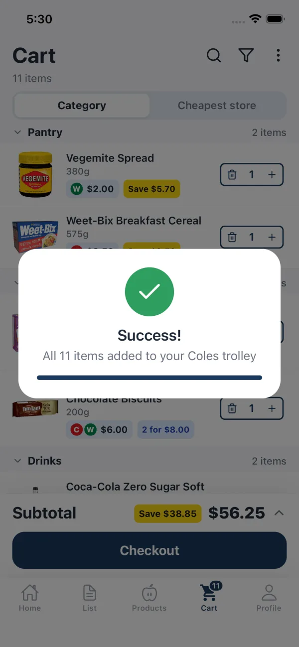 StockUp Cart with a success dialog reading All 11 items added to your Coles trolley