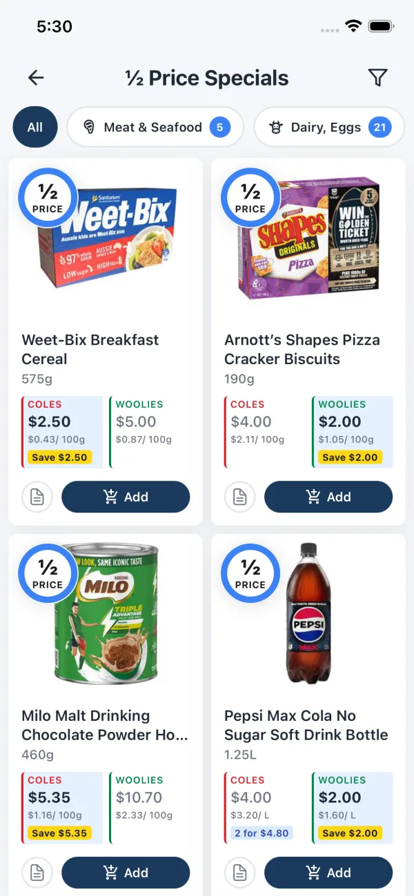 StockUp half-price specials screen with products and their Coles and Woolworths prices side by side